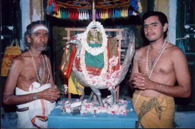 Devasthanam priests M.S. Muttusubramaniya Deekshidar (left) and son M. Shankar (right)