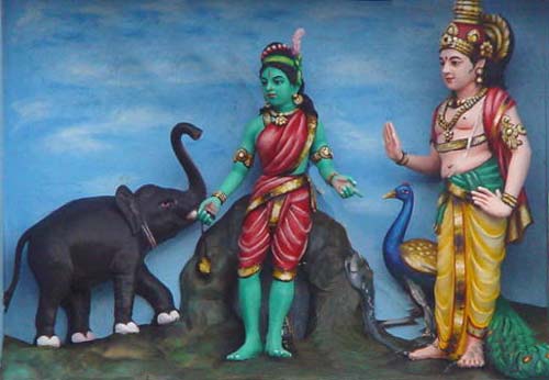 Scene in stucco at Valli Amma's Cave: Muruga's stratagem